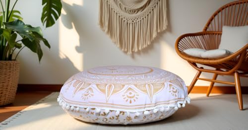 Round Mandala Floor Pillow Cover Seating Cushion Throw Cover Hippie Decorative Bohemian Ottoman Pouf Cover, Pom Pom Pillow Cases,Boho Indian 22 Inches (Gold trishol) - color: Gold Trishol