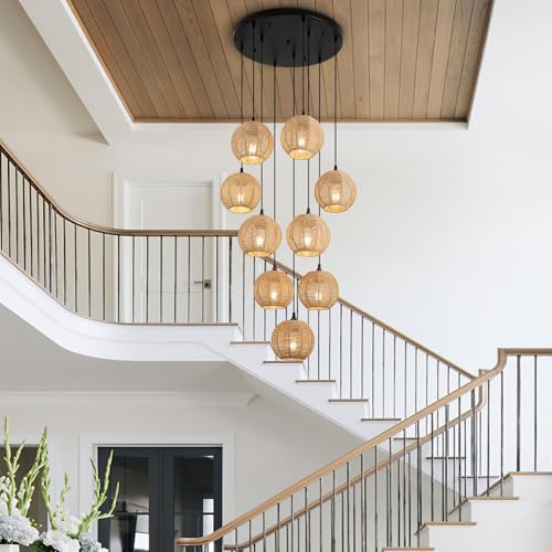 Round 9 Light Boho Pendant Light Rattan Hanging Lamp Hand Woven Wicker Small Chandelier Hanging Lights Fixture for Bedroom Kitchen Hallway Foyer - size: Round 9 Lights