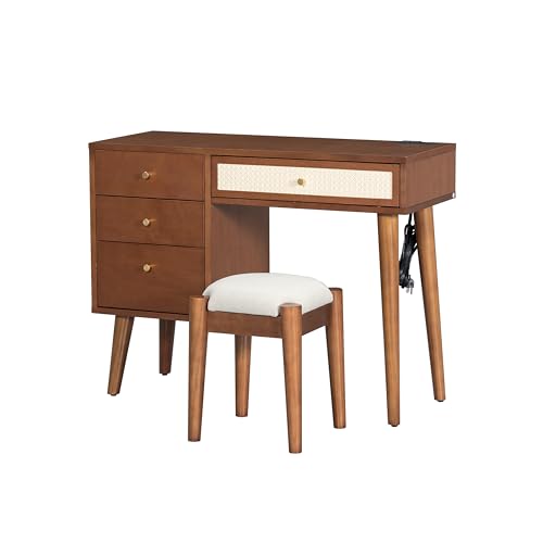 47" Rattan Vanity Table with Mirror and Lights, Brown Makeup Vanity with Storage & 5 Drawers, Boho Vanitys Desk with Shelves for Bedroom, 3 Lighting Modes, Adjustable Brightness (Dark Brown) - color: Dark Brown
