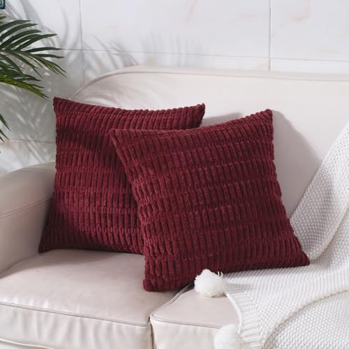 Pack of 2 Burgundy Corduroy Decorative Pillow Covers 16x16 Inch Soft Boho Striped Throw Pillow Covers Modern Farmhouse Home Decor for Sofa Living Room Couch Bed - color: Burgundy, size: 16" x 16" (Pack of 2)