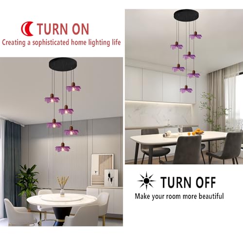 Purple Flower Glass Pendant Light 6-Light Cluster Chandelier Adjustable Hanging Ceiling Light Modern Pendant Lamp for Entryway Dining Room Living Room Foyer - color: Purple, 6 Lights
