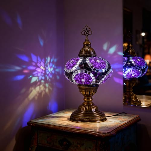 Turkish Lamp, Mosaic Table Lamp, Antique Moroccan Decorative Glass Bohemian Vintage Lamp Shade, Small Desk Tiffany Bedside Stained Glass Lamp with US Plug and E12 Socket - color: Purple-12
