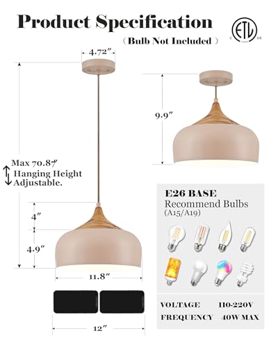 ELYONA 12 Inch Modern Japandi Pendant Light for Kitchen Island Farmhouse Hanging Lamp with Faux Pine Wood Grain Metal Shade, Adjustable Wabi Sabi Ceiling Fixture for Dining Room Bedroom,Light Brown - color: Light Brown