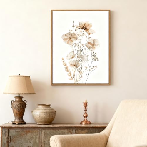 Neutral Watercolor Botanical Wall Art Vintage Floral Canvas Art Prints Orange Flower Plants Picture Minimalist Wall Decor Boho Artwork Framed for Girls Room Bedroom Living Room Decoration, 12x16 Inch - color: Neutral Flowers, size: 16"L x 12"W
