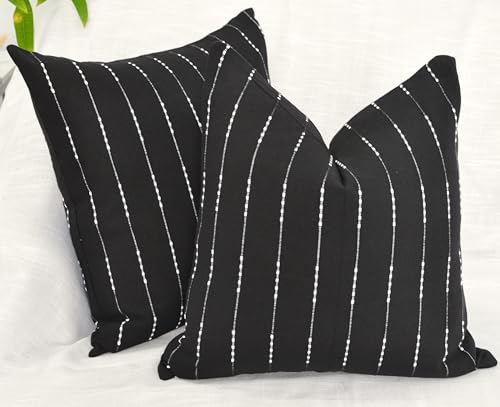 Black Pillow Covers 20x20 Cotton Woven Stripes Pattern Contemporary Luxury Cushion Covers Minimalist Throw Pillow Cases for Living Room Sofa, Couch, Bed, Set of 2 - color: Black, size: 20" x 20" (Pack of 2)