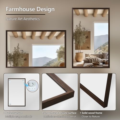 Walnut Wood Bathroom Mirrors for Wall Mounted, 40" x 30" Rectangle Rustic Wood Framed Wall Mirror, Decorative Farmhouse Mirror for Bathroom, Bedroom, Entryway, Horizontally/Vertically - color: Walnut, size: 40"L x 30"W