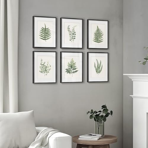 Framed Green Tropical Fern Botanical Wall Art, Set of 6 Nature Ferns Leaf Painting Prints Artwork, Plant Leaves Picture for Modern Farmhouse Living Room Bedroom Bathroom Kitchen Home Decor, 11x14 - color: Green Ferns - Black Framed, size: 11" W x 14" H x