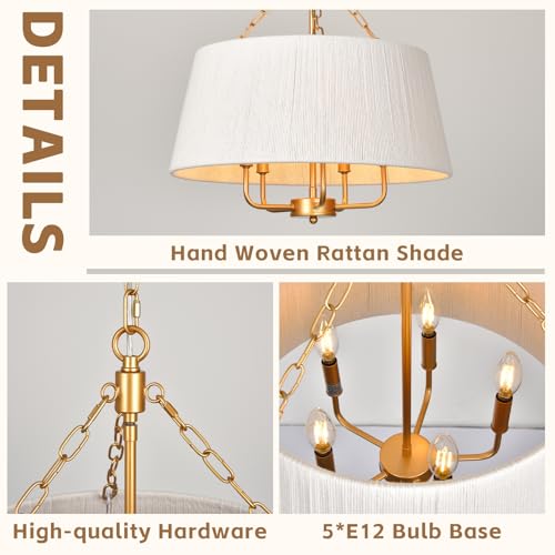 19.7'' Hand-Woven Rattan Chandelier, 5 Light Gold Boho Chandeliers for Dining Room, Adjustable Large Farmhouse Coastal Light Fixtures for Kitchen, Living Room, Foyer, E12 - color: 5-light Gold