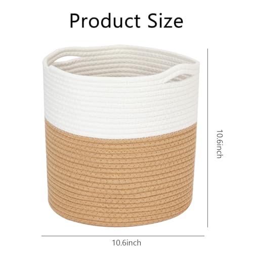Jute Spliced Cotton Rope Plant Basket - Modern Woven Storage Basket for 10.6" Floor Indoor Planter, White & Beige Decorative Flower Pot Cover with Handle, Rustic Home Decor Laundry Bin