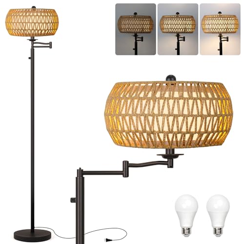 Ruiever Dimmer LED Floor Lamp,Tall Standing Lamp with Swing Arm,Black Lamp with 2 * 9W LED Bulb,Elegant Floor Lamp for Living Rooms & Bedroom (Black Color-Rattan Shade) - color: Black Color-Rattan Shade