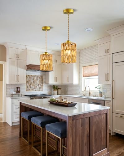 1-Light Rattan Pendant Light Boho Hand-Woven Chandelier, Farmhouse Hemp Rope Pendant Lights for Dining Room, Small Wicher Chandelier Ceiling Hanging Light for Kitchen lsland Bedroom Hallway - color: 4.72″-Cylindrical