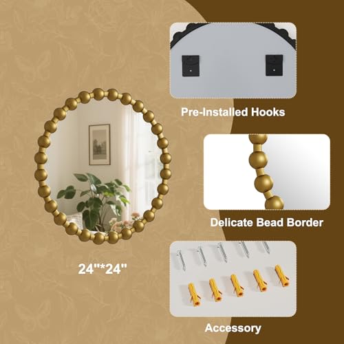 Easly Round Mirror for Wall, 24 Inch Gold Beaded Frame Decorative Vanity Mirror, Circle Bathroom Mirror with High-Definition Lense, Modern Wall Decor for Bathroom, Living Room, Bedroom, Entryway - color: Gold, size: 24"L x 24"W