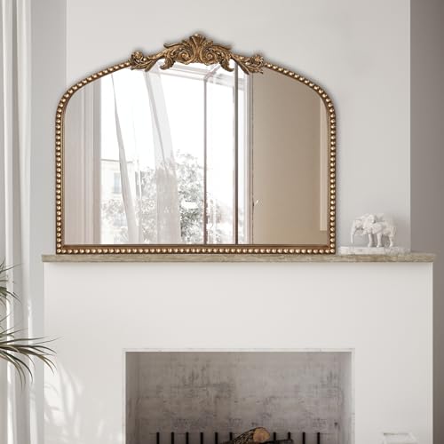ironsmithn Gold Arched Mirror, 30"x36" Ornate Beaded Frame Mirrors, Metal Decorative Accent Mirror for Fireplace Bedroom Bathroom Living Room Entryway - size: 30"L x 36"W