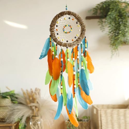 Dream Catcher Native American Boho Dreamcatcher Rattan Wall Decor, Handmade Natural Goose Feathers Blue Beaded Hanging Wall Art Indian Decor for Bedroom Living Room - color: Blue Green Orange
