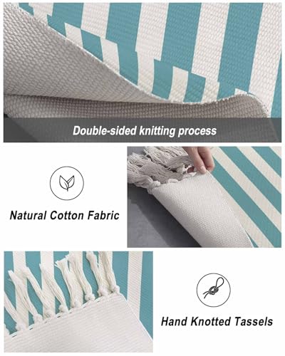 Cyan Stripes Kitchen Runner Rug 2'x4', Washable Woven Cotton Area Rug with Tassels Bathroom Hallway Rug, Farmhouse White Simple Vertical Striped Entryway Bedroom Rug Non Slip Throw Rug Carpet - color: Cyan, size: 2 x 4 ft