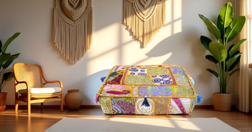 CRAFT KALA Indian Square Patchwork Traditional Pouf Cover Indian Living Room Poufs Decorative Embroidered Designer Ottoman Home Living Footstool Chair Cover Decor Pillow Cover 18x18x5 inches, Yellow - color: Yellow, size: 18"D x 18"W x 5"H