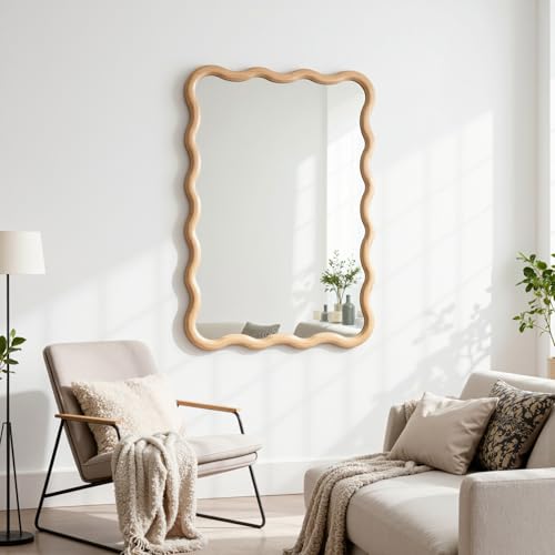 Bathroom Mirror for Wall,24x36 inch Large Irregular Wavy Wood Modern Boho Vanity Farmhouse Mirrors for Bedroom Living Room Entryway Hallway Fireplace - size: 36"L x 24"W