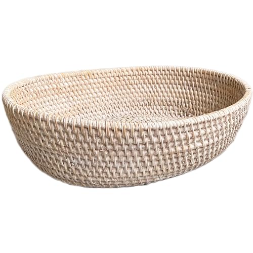 amololo14" Oval White Rattan Fruit Serving Basket,Table Décor Wicker Bread Serving Basket Tray with High Wall,Large Rattan Dining Table Centerpiece Bowl for Various Things,Bread,Snack,Odds and Ends - color: Wash White(14.2"x11.5"x3.5")