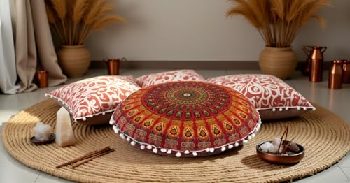 Round Mandala Floor Pillow Cover Seating Cushion Throw Cover Hippie Decorative Bohemian Ottoman Pouf Cover, Pom Pom Pillow Cases,Boho Indian 22 Inches (Red) - color: Red