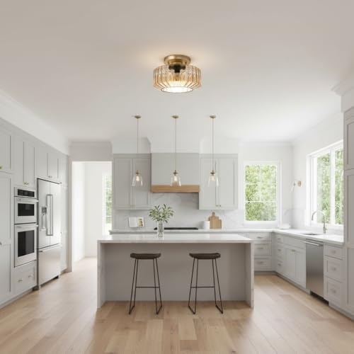 Amber Semi-Flush Mount Ceiling Light, Mid-Century Small Ceiling Light Fixture, E26 Base 1-Light Gold Ceiling Lamp for Kitchen Bathroom Hallway Bedroom Entryway - color: Small, 8.66" Amber