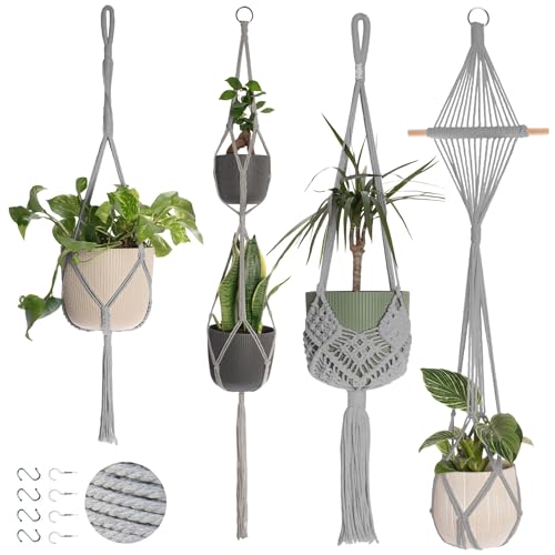 Nook Theory 4-Pack Macrame Plant Hangers with 8 Hooks - Hanging Planters for Indoor Plants, Boho Macrame Hangers Indoor Outdoor, Decorative Plant Hanger Indoor (Light Gray) - color: Light Gray