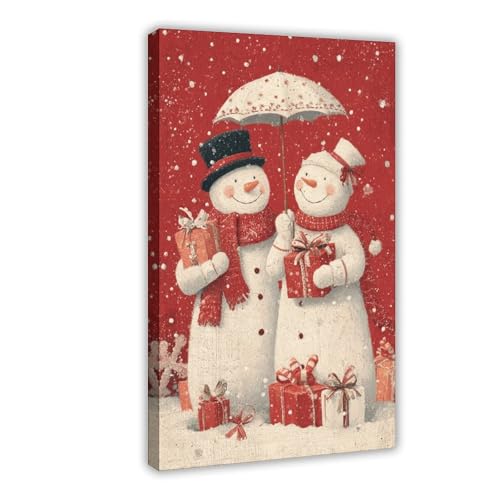 JDBeehpy Snowman Couple Holding Gifts Under Umbrella Frame Canvas Print Poster Christmas Wall Artwork Painting Warm, Holiday Home Decor Mural 20x30inch(50x75cm) - color: Umbrella Frame, size: 30L" x 20W"
