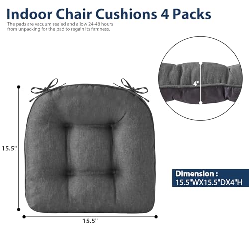 IASEAHK Chair Cushions for Dining Chairs, Seat Cushions for Kitchen Chairs, Indoor Seat Cushions with Ties, Tufted Foam Chair Pads, Non Slip Chair Cushions Set of 4, 15.5" x 15.5" x 4", Dark Grey - color: Dark Grey, size: Pack of 4
