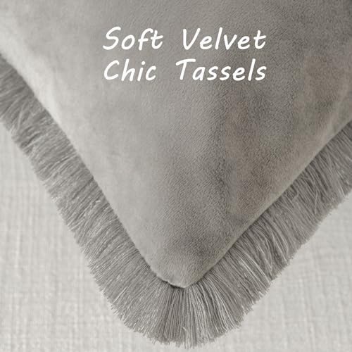 FUTEI Grey Velvet Decorative Throw Pillow Covers 24x24 Set of 2,Soft Cozy Edge with Tassels European Cushion Case,Boho Modern Home Decor for Couch Bed Living Room - color: Grey, size: 24" x 24" (Pack of 2)