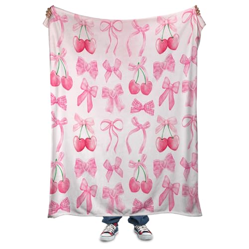 Pink Cherry Bow Throw Blanket Back to School Decorations Soft Dorm Room Essentials Gifts for Students Girls Boys Lightweight Coquette Bow Cherry Aesthetic Blanket for Couch Sofa Bed 40"x50" - color: A001 Pink Cherry Bow Blankets, size: 40"W X50"L(102X127C