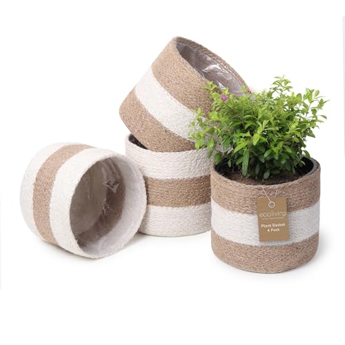 Jute Planter Basket Sustainable Woven Rope Covers for Decorating Indoor/Outdoor Plants Pots 6.5x6.5x6 Inches Ideal Size for 6" Planter-Multi-Purpose Storage Set of 4 White & Natural Jute - color: White/Natural Jute -Pack of 4, size: 6.5 Inch