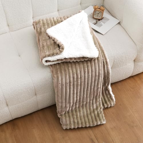 Tan Sherpa Fleece Throw Blanket 50”×60” for Couch Sofa Bed,Super Soft Cozy Plush Double Side Thick Flannel Blanket with Striped Design Lightweight for Adults,Woman,Girls - color: Tan, size: 50×60inch
