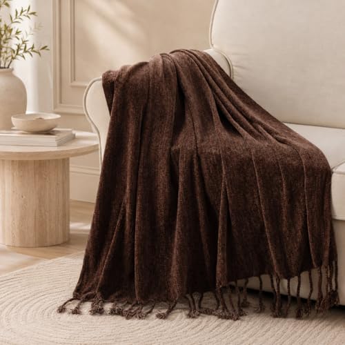 BATTILO HOME Brown Chenille Throw Blanket for Couch, Soft Cozy Textured Knit Throw Blanket with Handmade Fringe Tassels, Lightweight Decorative Farmhouse Blanket for Sofa Bed Chair, 50"x60" - color: Brown