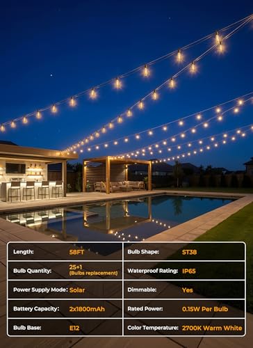 Brightown 58FT Solar String Lights Outdoor Waterproof, Patio Lights with Remote and 25+1 LED Shatterproof Bulbs, Dimmable & Timable, 3 Light Modes, Solar Lights Outdoor for Yard Camping Party Outside - size: 58FT(25 Sockets)