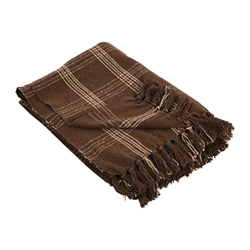 Creative Co-Op Recycled Cotton Blend Throw Blanket with Fringe, Brown Plaid - color: Brown, size: One Size