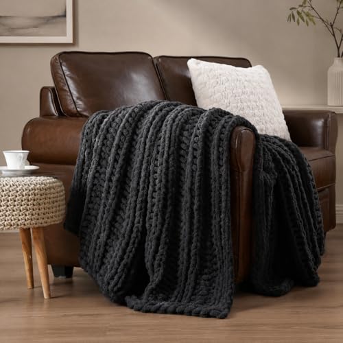 Battilo Chunky Knit Throw Blanket for Couch, Hand Made Chenille Throw Blanket, Super Soft Warm Cozy Charcoal Blanket for Bed, Sofa, Living Room, 50"x60" - color: Charcoal