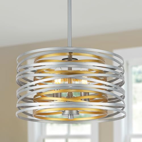 ACNKTZ 12.6'' Drum Pendant Light Fixture Hanging, Retro Semi Flush Mount Chandelier, Silver Chandeliers for Dining Room Bedroom Stairwell Breakfast Area, Silver with Gold Interior - color: Silver with Gold Interior, size: 12.6"/3-Light