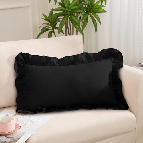 Black Ruffle Lumbar Pillow Cover 12x20 Inch, Ruffled Cushion Case Covers for Couch Sofa Bed Living Room, Decorative Farmhouse Throw Pillow Cover, Pack of 1 - color: Black, size: 20" x 12" (Pack of 1)