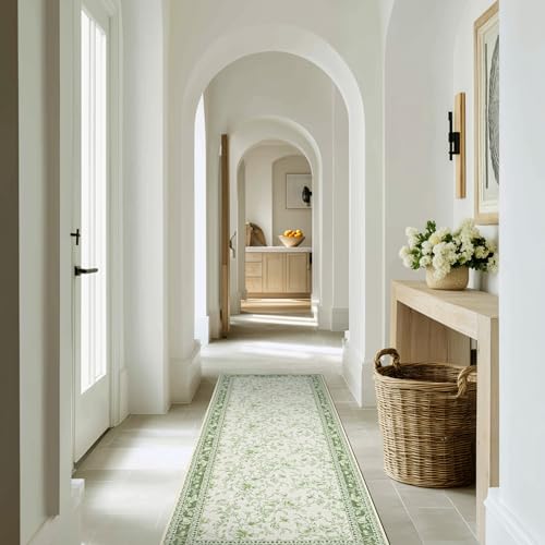 Sage Green Runner Rug 2x6 for Hallways, Non-Slip Washable Kitchen Runner Vintage Boho Farmhouse Floral Sketch Printed Rug Floor Carpet for Laundry Bedroom Entryway Green Cream Beige Flower Design - color: Sketch Floral Sage Green, size: 2' x 6' (Rectangul