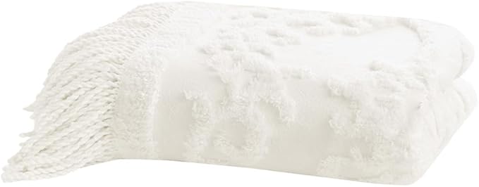 Madison Park 100% Cotton Tufted Chenille Design With Fringe Tassel Luxury Elegant Chic Lightweight, Breathable Cover, Luxe Cottage Room Décor Summer Blanket, 50" x 60", Ivory