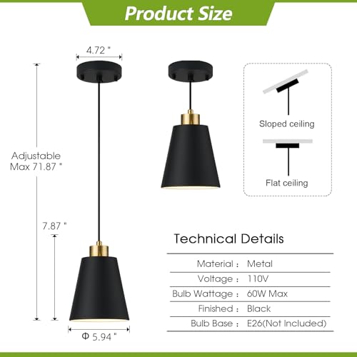 3-Pack Matte Black Pendant Lights Metal Cone Kitchen Island Pendant Lighting with Gold Modern Hollow Shade Hanging Light Fixture for Dining Room Bar Hallway 63" Adjustable Cord - color: Black 3-PACK