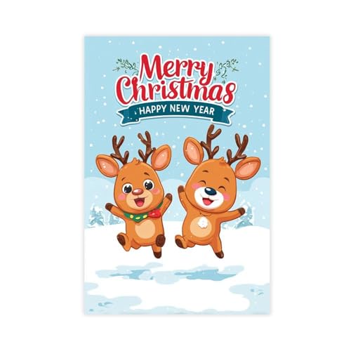 JDBeehpy Merry Christmas & Happy New Year Frameless Canvas Print Wall Art Painting Reindeer Playing Happily in Snow Cute Poster Home Decor Mural 08x12inch(20x30cm) - color: Reindeer Unframe, size: 12L" x 8W"
