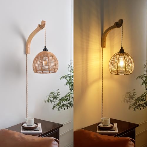 Plug in Wall Sconce,Farmhouse Wicker Wall Lamp Plug in,Hand Woven Rattan Wall Light Farmhouse Rustic Boho Sconces Wall Lighting for Living Room Bedroom - color: 7.87IN Rattan, size: 1 PACK