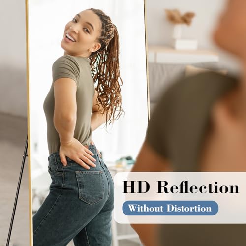 DUMOS 26"x68" Full Length Mirror with Stand, Floor Standing Aluminum Frame, Shatter-Proof Nano Glass for Bedroom, Living Room, Cloakroom – Modern Simple Home Decor,Can Be Hanging or Leaning, Gold - color: Gold-rect Edge, size: 68"L x 26"W