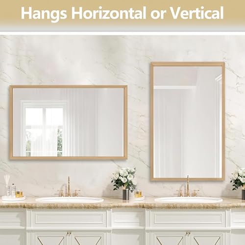 32"x20" Solid Wood Bathroom Mirror, Rustic Wood Frame Wall Mirror for House Decor, Rectangle Farmhouse Bathroom Vanity Mirror Bedroom Living Room Entryway, Explosion-Proof Horizontal/Vertical - color: Solid, size: 32"L x 20"W