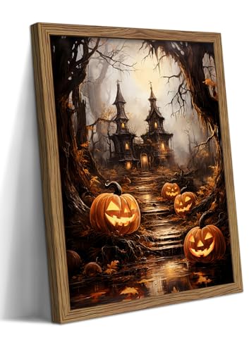 Framed Vintage Halloween Wall Art - Spooky Haunted House Canvas Print, Gothic Halloween Wall Decor, Fall Pumpkin Picture Painting for Living Room Bedroom Home, 12x16in Wood Frame - color: Magic Castle, size: 16"L x 12"W