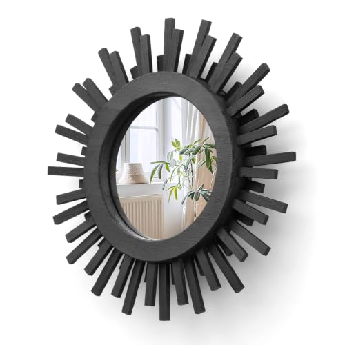 12 Inch Boho Sunburst Mirror, Round Wooden Wall Decor Starburst Sun Mirror for Bedroom, Living Room, Bathroom, Hallway, Balcony, Farmhouse Entryway, Housewarming Gift（Black - color: Black, size: 12"L x 12"W