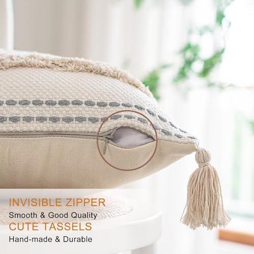 Boho Throw Pillow Covers 20x20 Set of 2 Woven Tufted Farmhouse Pillows Cover with Tassels Textured Striped Cushion Case Neutral Pillow Cases Decorative Pillowcase for Sofa, Couch, Bed, Khaki - color: Khaki, size: 20" x 20" (Pack of 2)