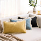 Boho Lumbar Pillow Covers 12x20 Pillow Cover Black Faux Linen Couch Rectangular Pillow Covers Soft Lumbar Cushion Cover with Tassels Farmhouse Cushion for Couch Sofa Bedroom Living Home Set of 2 - color: Black, size: 20" x 12" (Pack of 2)