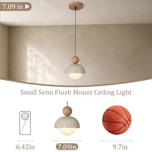 7.1inch Wabi Sabi Natural Stone Pendant Light Travertine & Wood Hanging Light Round Nordic Mini Pendant Lamp G9 for Kitchen Island teahouse Dining Room Bedroom - color: 1pcs, size: 7.1inch