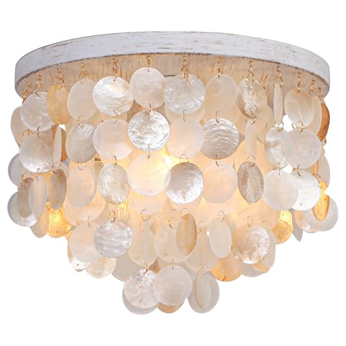 Capiz Shell Chandelier Ceiling Light, 3 Light Flush Mount Light for Bedroom, Hallway, Entryway,Bathroom，Nursey，Girls‘ Room，Vintage White with Gold Shells - size: 13 inch